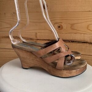 VTG Candies Wood Wedge Heels Strappy Summer Boho Leather Y2K Tan 8.5